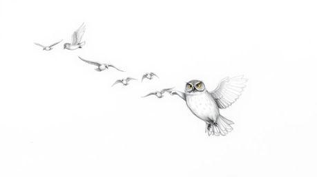 A textured pencil sketch, reminiscent of Pixar, depicts a blind owl guiding a flock of birds in a synchronized and harmonious