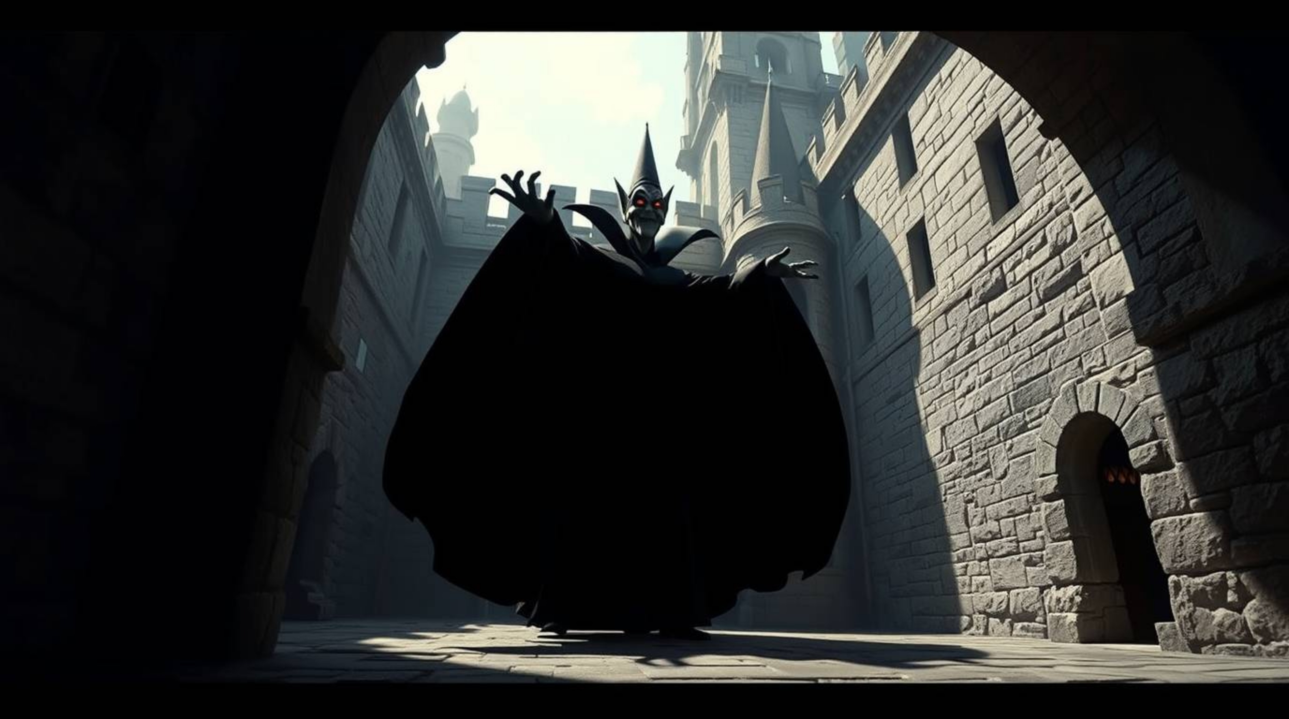A captivating image depicts a classic Disney villain casting a spell within the walls of an ancient castle. Shot with precis