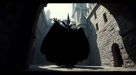 A captivating image depicts a classic Disney villain casting a spell within the walls of an ancient castle.  Shot with precis