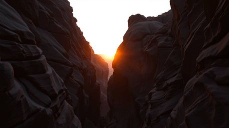 Capture the majestic beauty of a rocky canyon at sunset with this fine art photograph.  Showcasing iridescent colors and warm