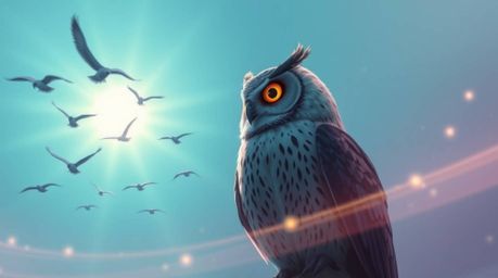 A heartwarming Pixar-style illustration depicts a majestic blind owl, its gentle aura illuminating the scene. It observes a f