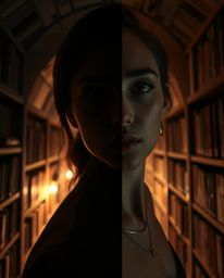 A graceful figure discovers a hidden underground library, bathed in distinct split dramatic lighting that creates high contra