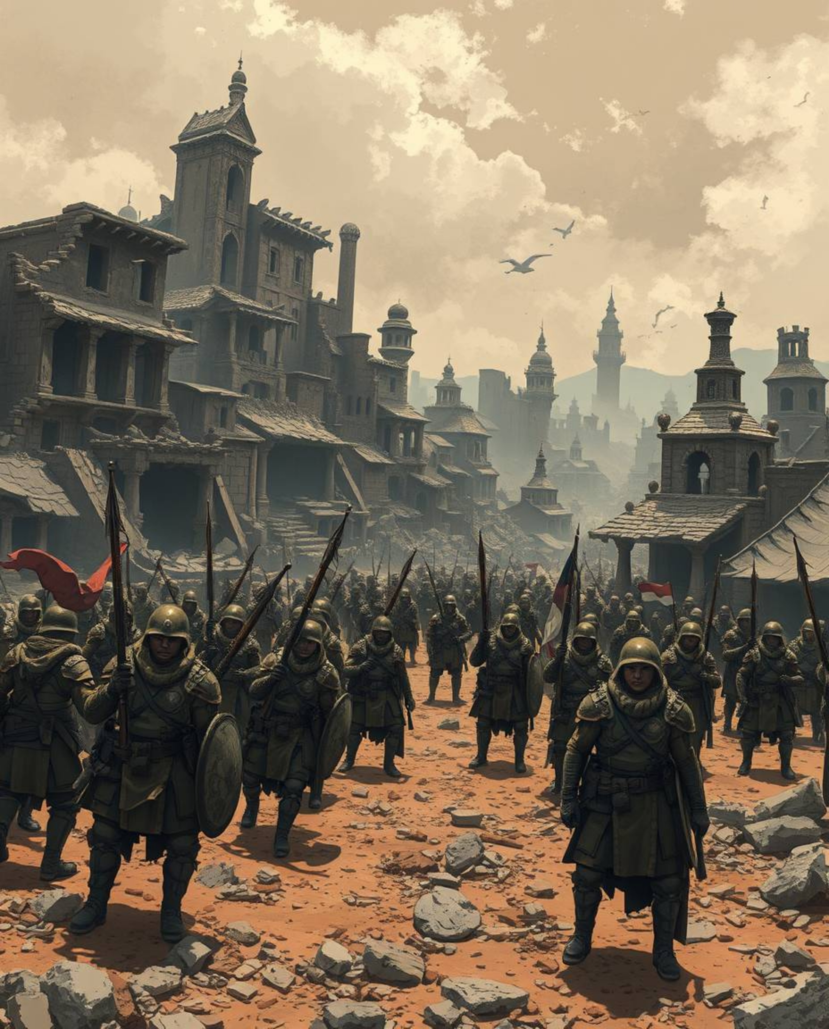 Explore a surreal Isekai battlefield teeming with time-warped soldiers amidst crumbling buildings, captured in an expressive 