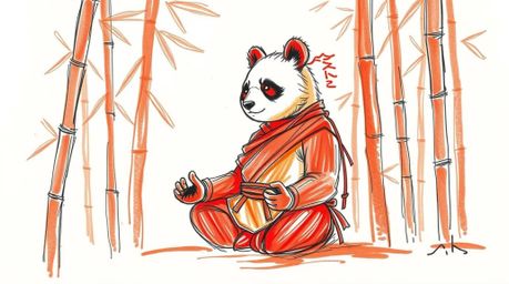 A captivating hand-drawn sketch depicts a serene martial artist panda meditating amidst a lush bamboo forest.  The warm-toned
