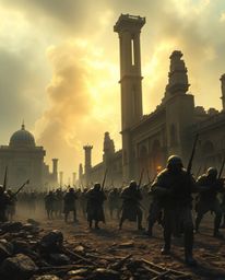 Immerse yourself in a grand, epic scene illuminated by harsh lens glow lighting, depicting a battlefield where time-warped so