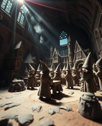 A captivating high-angle shot reveals a clay sculpture depicting a magical school brimming with young wizards. Volumetric li