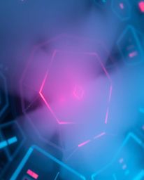 An extreme macro close-up reveals a futuristic digital interface defined by intricate geometric patterns and a holographic ae