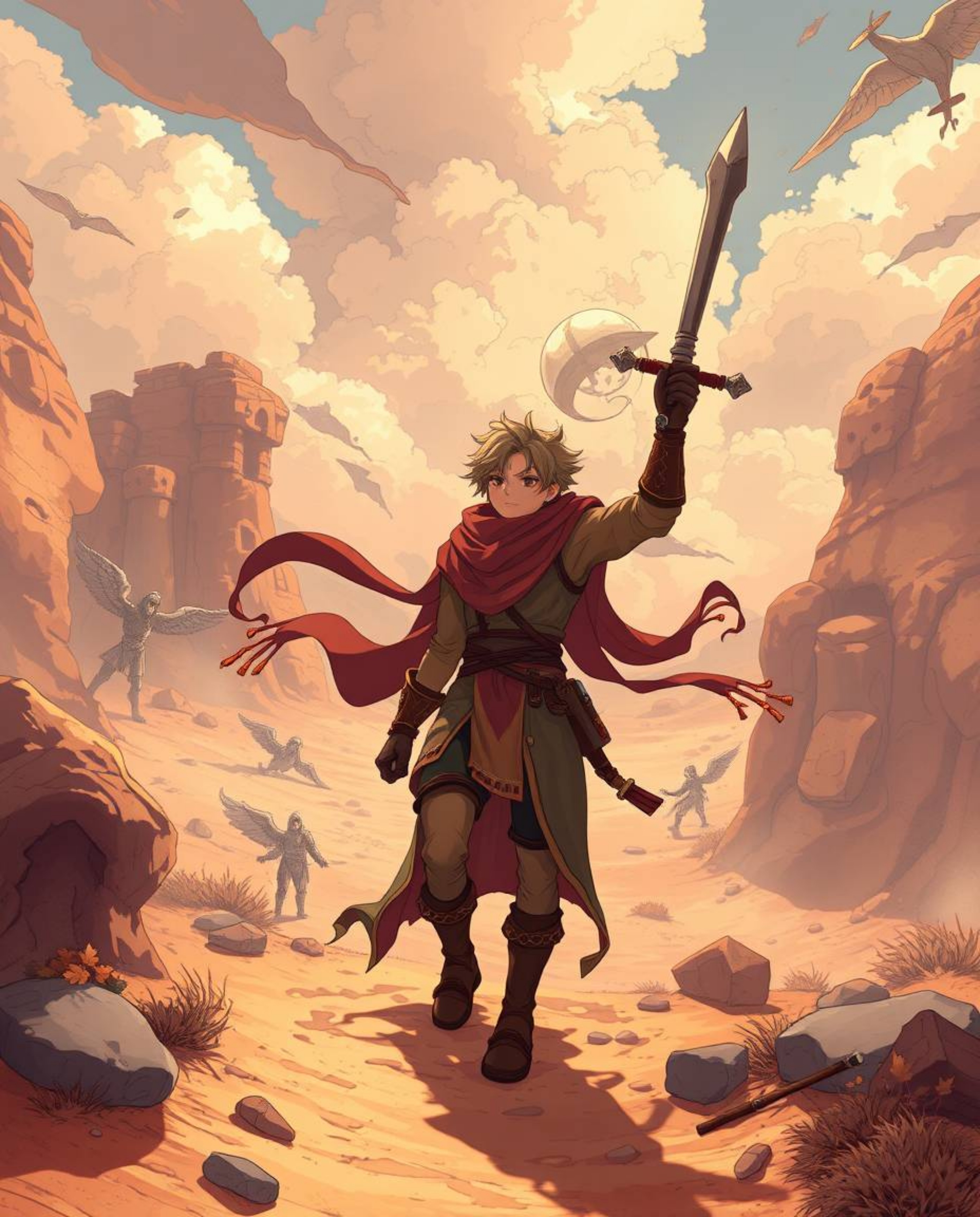 Embark on a captivating desert adventure with a brave hero, inspired by both Isekai anime and Disney styles. Experience warm 