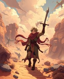 Embark on a captivating desert adventure with a brave hero, inspired by both Isekai anime and Disney styles. Experience warm 