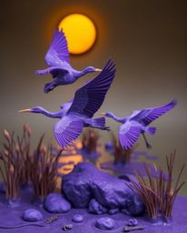 A sculptural clay artwork depicting herons flying in a golden hour wetlands scene. This piece is characterized by its deep ul