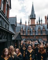 A precise architectural color photograph showcasing a magical school filled with young wizards. This image features sharp lin