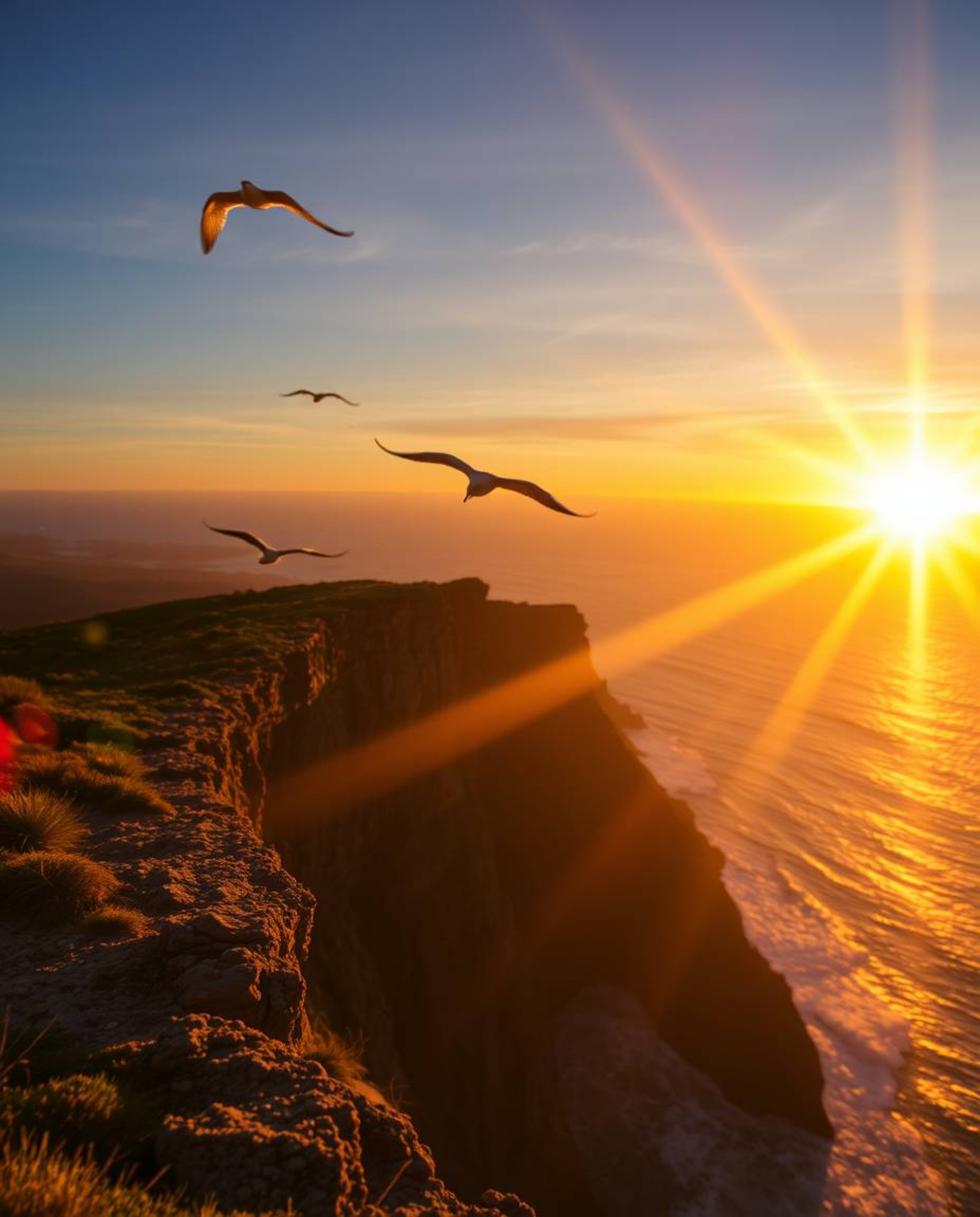 This is an extreme macro close-up photograph of a sunset over a coastal cliff, showcasing the minute details of soaring birds