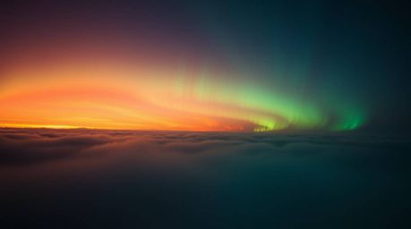 Witness the breathtaking spectacle of the Northern Lights emerging over a vibrant sunset sky.  This captivating image showcas