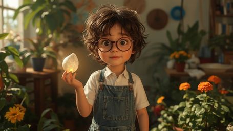 A high-resolution stock photo captures a bright-eyed, bespectacled young homeschooler in a cozy, sun-drenched indoor garden. 