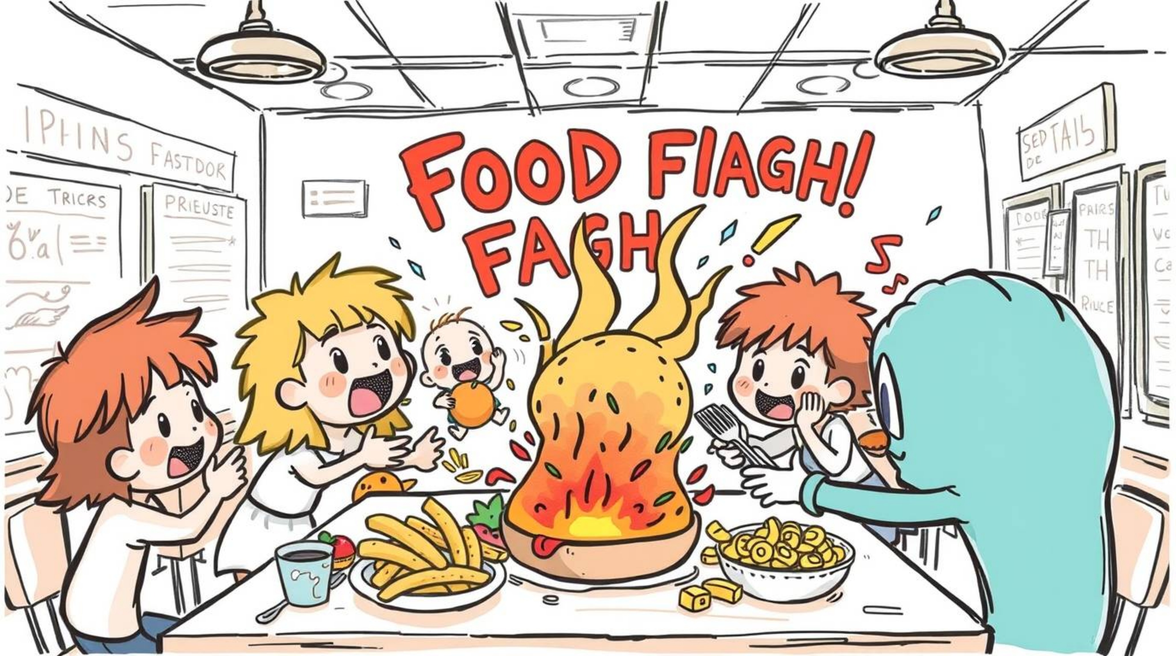 A whimsical hand-drawn illustration depicts a chaotic yet adorable food fight erupting in a cartoon cafeteria.  Cute characte