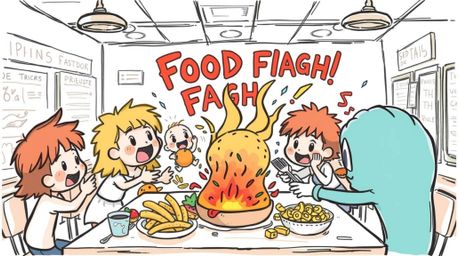 A whimsical hand-drawn illustration depicts a chaotic yet adorable food fight erupting in a cartoon cafeteria.  Cute characte