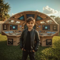 A captivating high-fashion photography shoot depicts a boy with curious brown eyes, sporting a sleek black leather jacket and