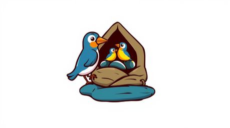 This vibrant logo features two cartoon birds collaboratively building a nest, rendered in a classic animation style. The des