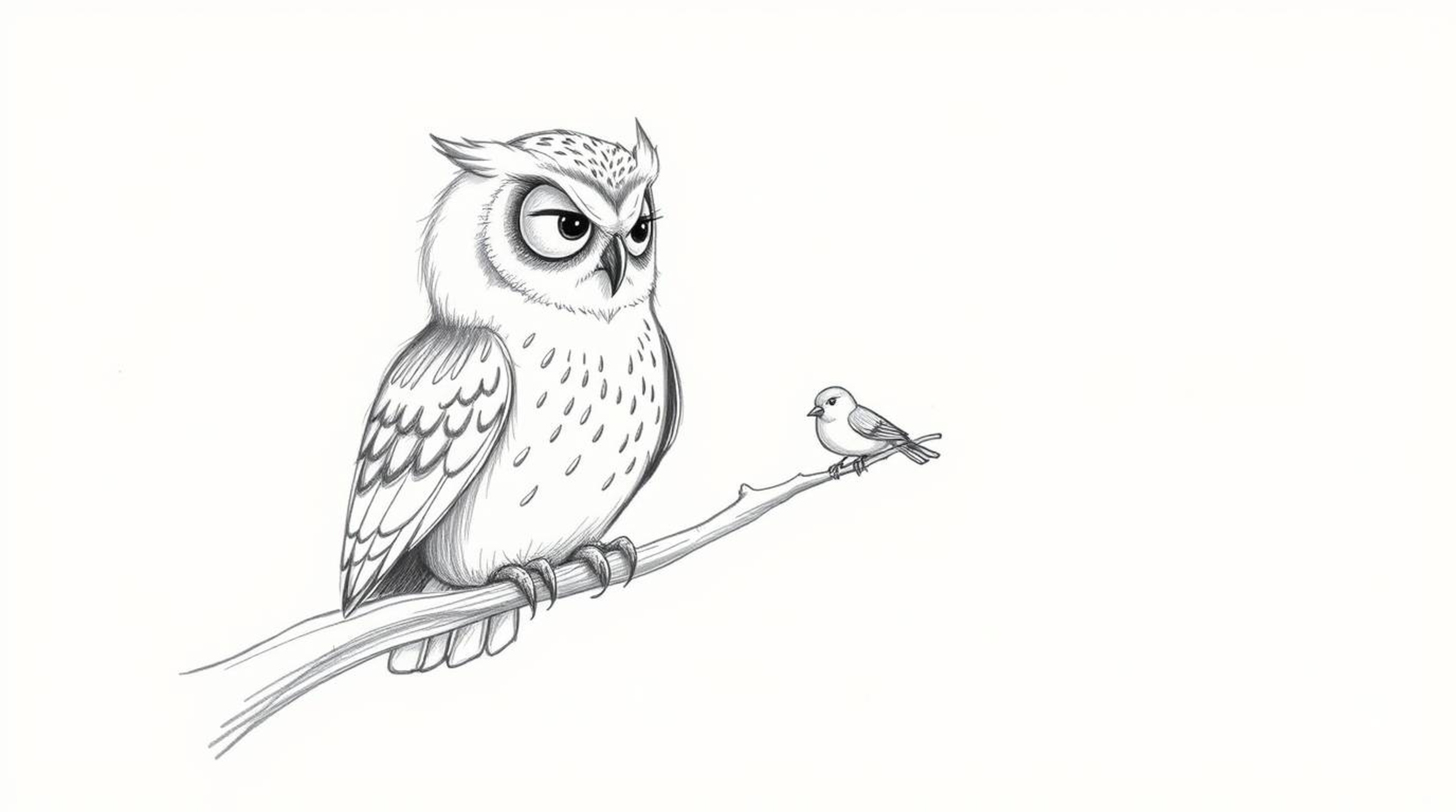 A heartwarming Pixar-style hand-drawn sketch depicts a blind owl with soft feathers gently teaching small birds how to fly.  