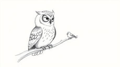 A heartwarming Pixar-style hand-drawn sketch depicts a blind owl with soft feathers gently teaching small birds how to fly.  