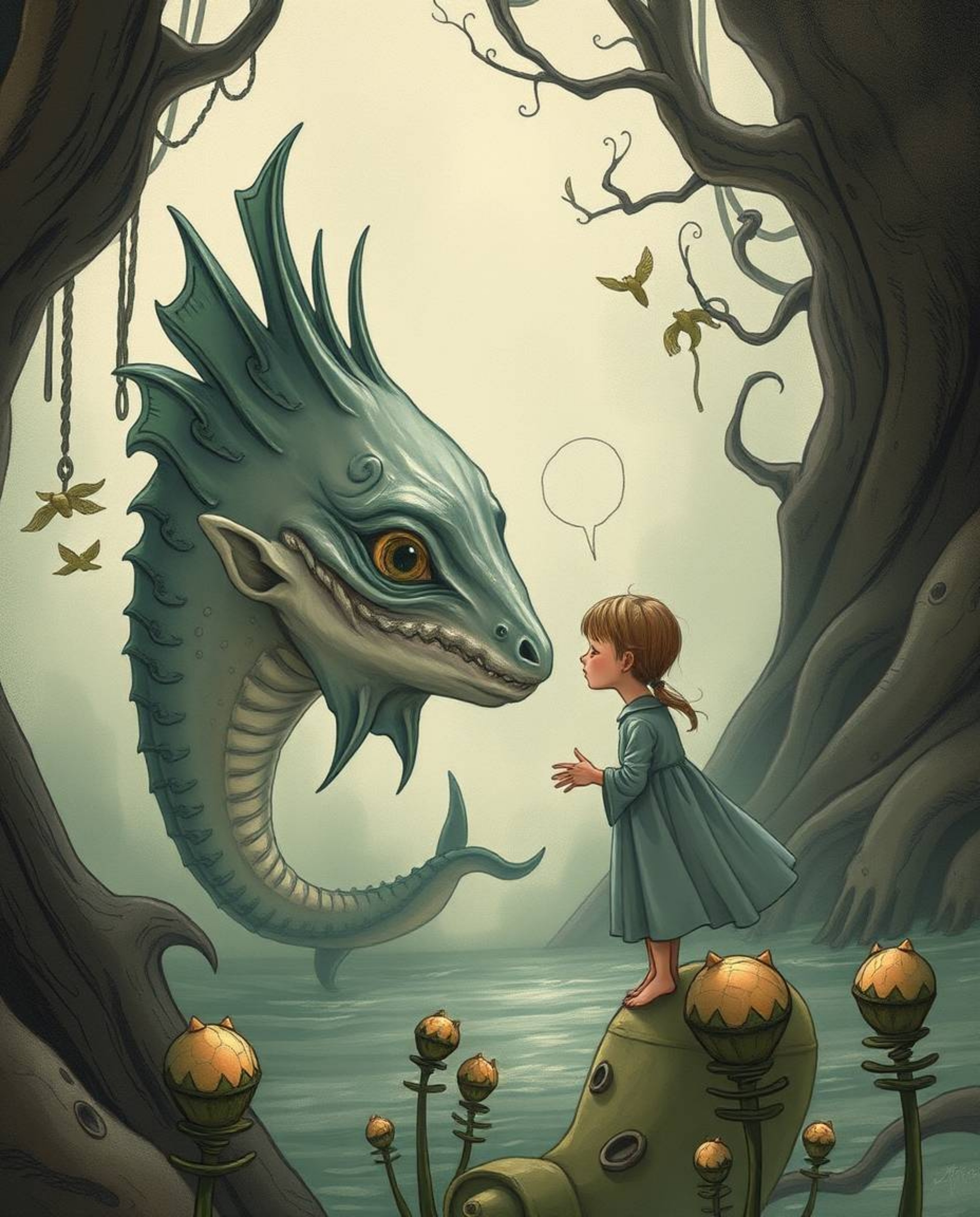 Explore a surreal and dreamlike illustration where a sea creature and a human child forge an unlikely friendship. The artwork