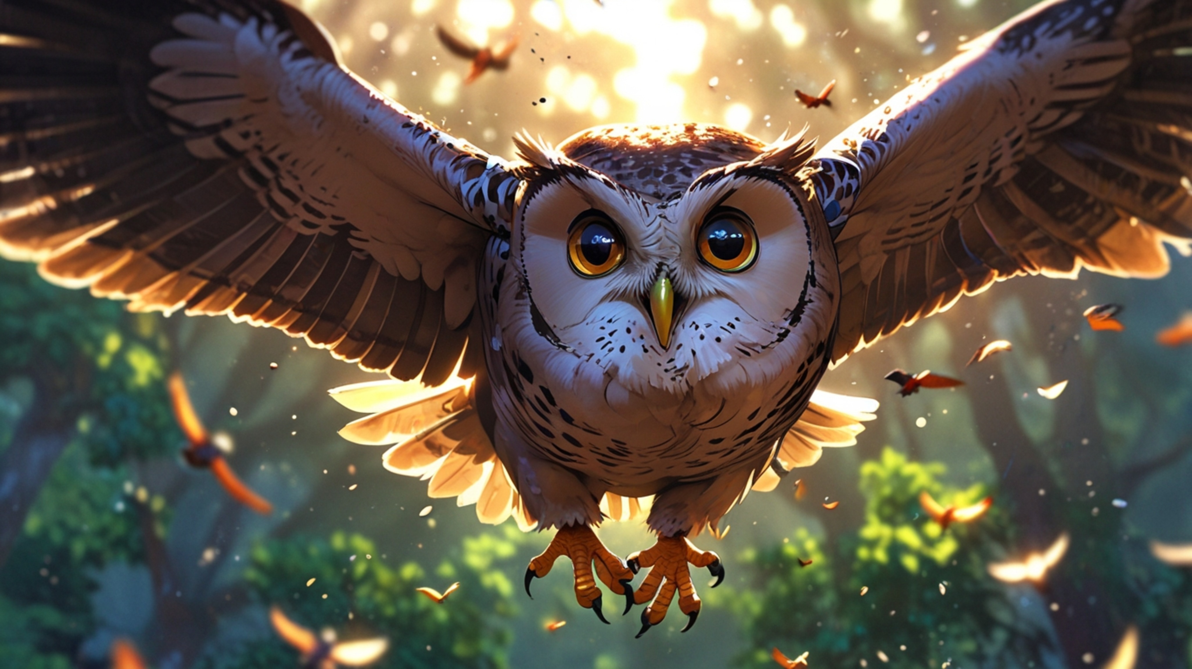 In a magical and inspiring scene, created with the emotional depth of Pixar and the artistic flair of anime, a wise blind owl