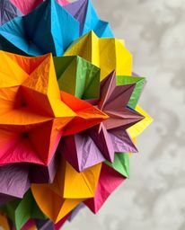 Explore this vibrant, layered papier-mâché sculpture showcasing a striking 3D geometric pattern that resembles folded paper. 
