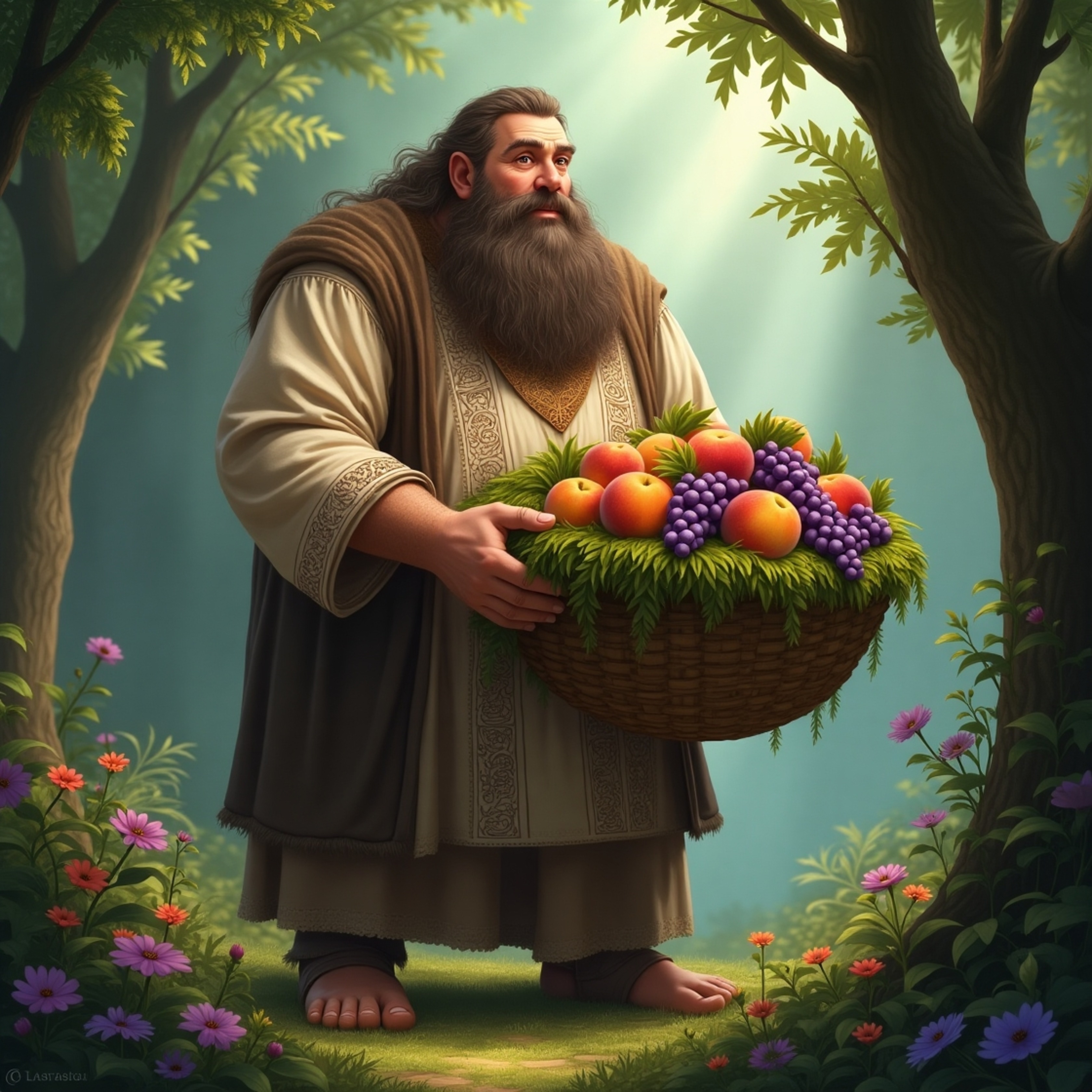 A majestic and serene gentle giant stands in an enchanted forest, radiating warmth with a gentle face and benevolent smile.  
