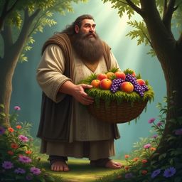 A majestic and serene gentle giant stands in an enchanted forest, radiating warmth with a gentle face and benevolent smile.  