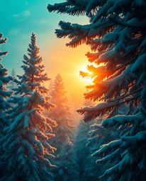 An ethereal, spiritual image conveys a rich, deep teal vibe, showcasing sunset light sparkling on snowy pine trees. The scene