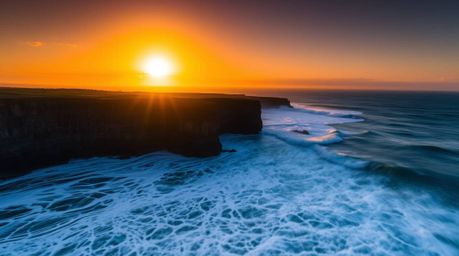 A long-exposure photograph captures the raw power of waves crashing against rugged cliffs, illuminated by intense, dramatic l