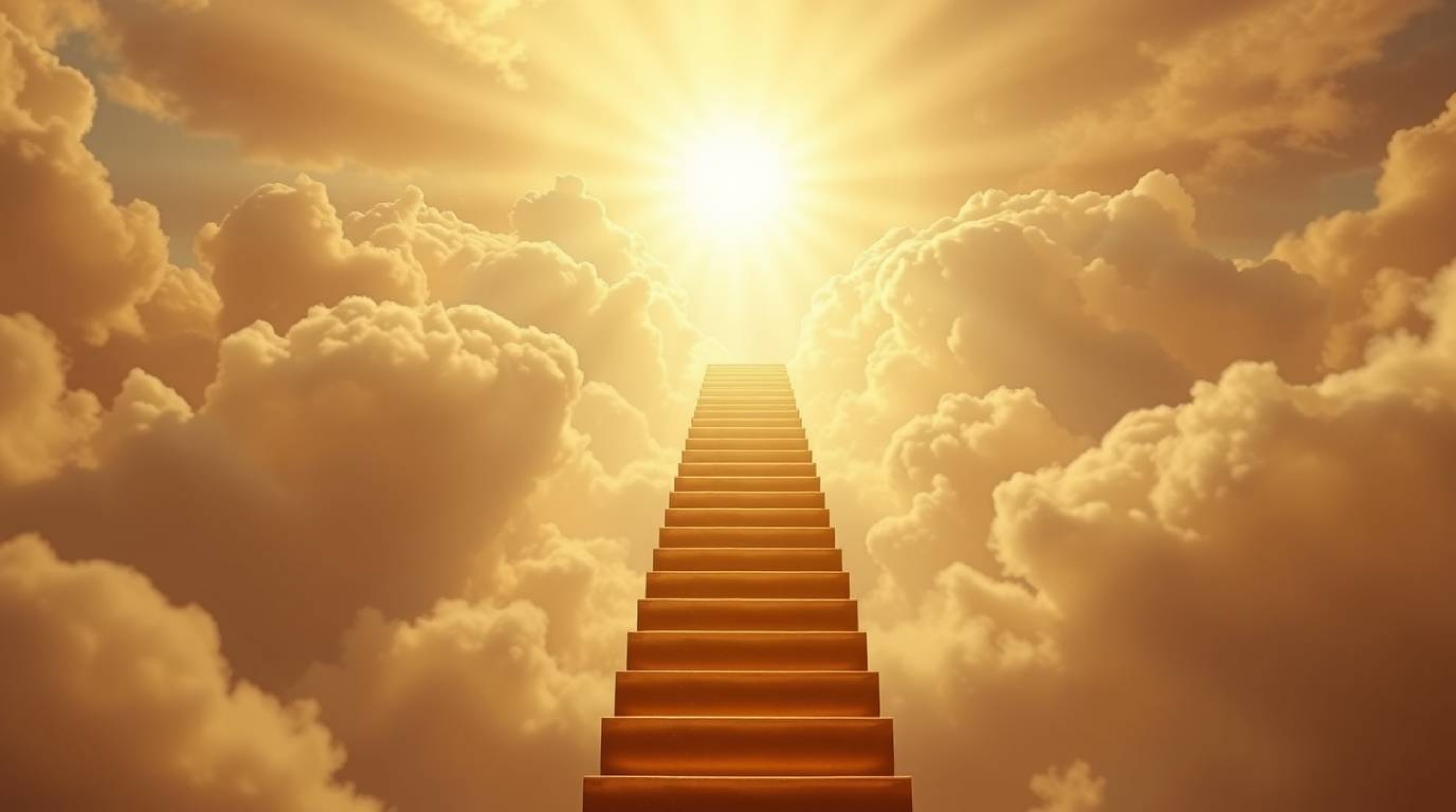 A golden staircase ascending through clouds toward a luminous heaven, pierced by rays of sunlight, creates a divine and ether