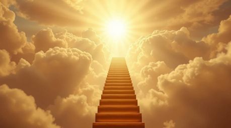 A golden staircase ascending through clouds toward a luminous heaven, pierced by rays of sunlight, creates a divine and ether