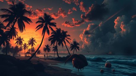 Experience a dreamlike, surreal tropical beach sunset rendered in intense jet black with deep shadows.  Palm trees sway gentl