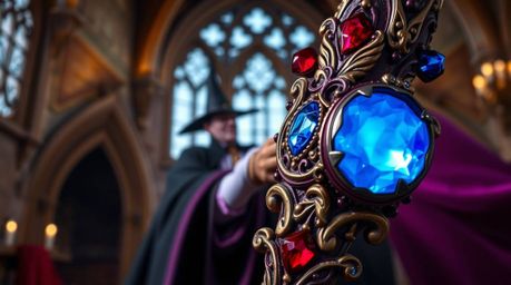 A stunning extreme macro close-up focuses on a classic Disney villain's ornate, jeweled staff, resplendent in deep burgundy a