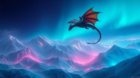 A breathtaking scene of a dragon and its rider soaring above majestic, icy mountains is brought to life with vibrant biolumin