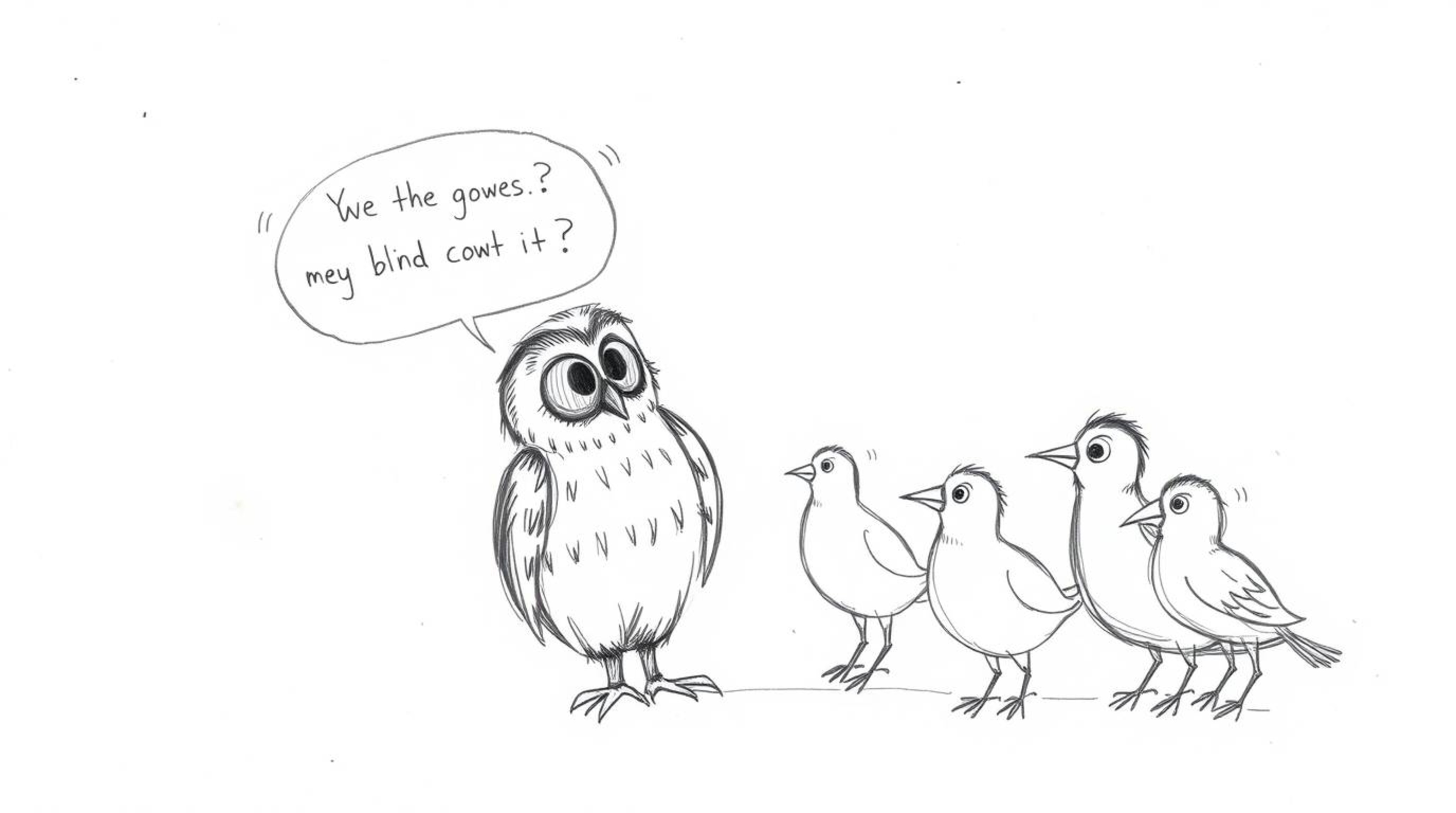 A heartwarming Pixar-style sketch depicts a blind owl, its soft feathers rendered with textured pencil strokes, imparting the