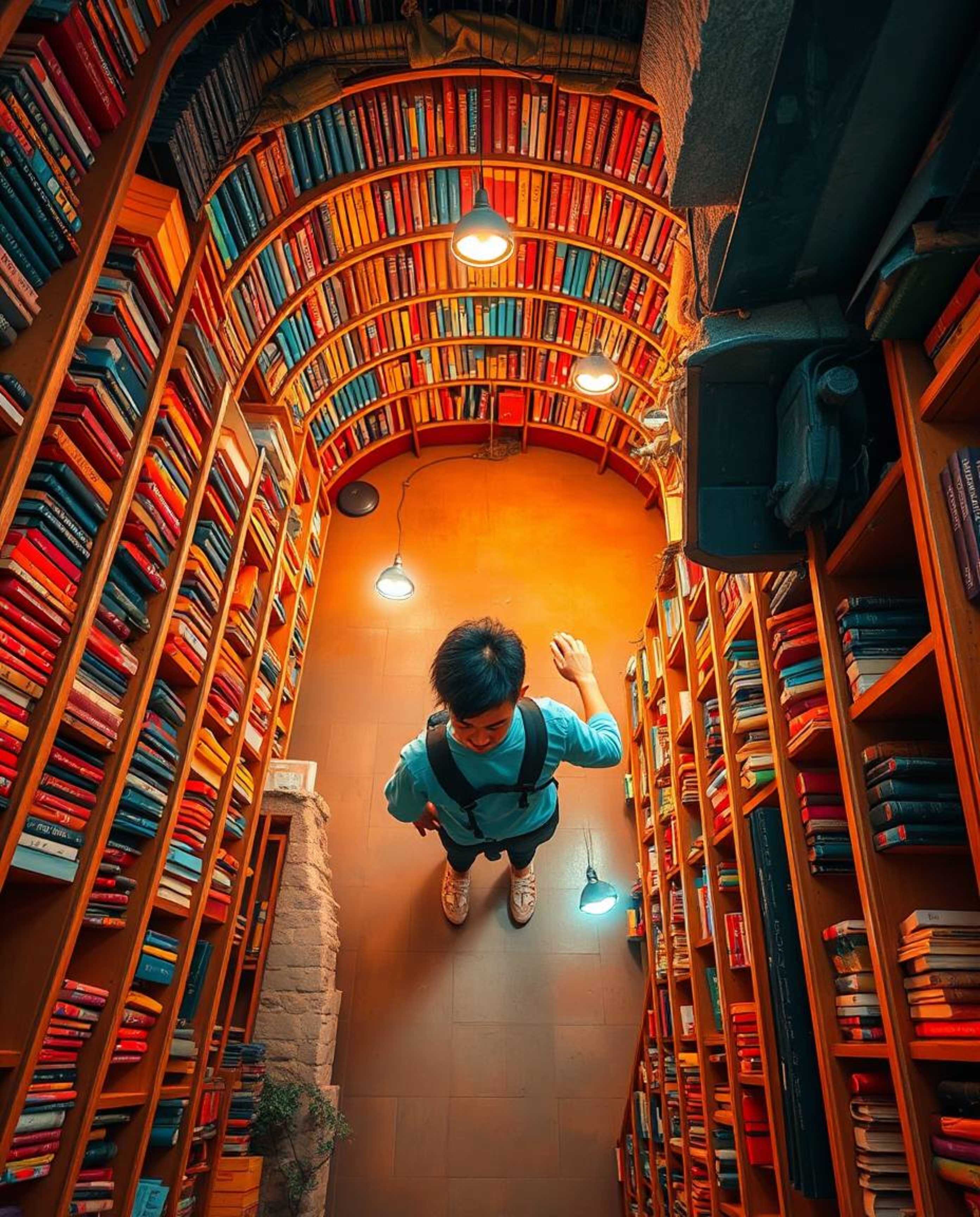 A captivating bird's eye view depicts a person's exciting discovery of a hidden underground library. Bright and vibrant color