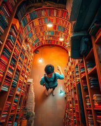A captivating bird's eye view depicts a person's exciting discovery of a hidden underground library. Bright and vibrant color