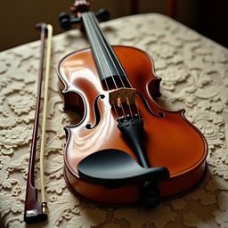 A captivating still life composition featuring a richly polished, dark-brown wooden violin resting on a delicate, ivory-hued 