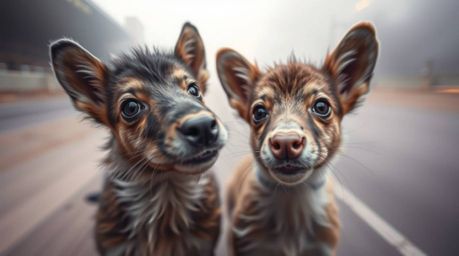 A captivating long exposure photograph showcases two expressive talking animals engaging in mischievous antics.  The image is