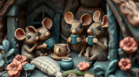 Discover a captivating clay sculpture depicting anthropomorphic mice enjoying a tea party in a charming cottage. Rendered in