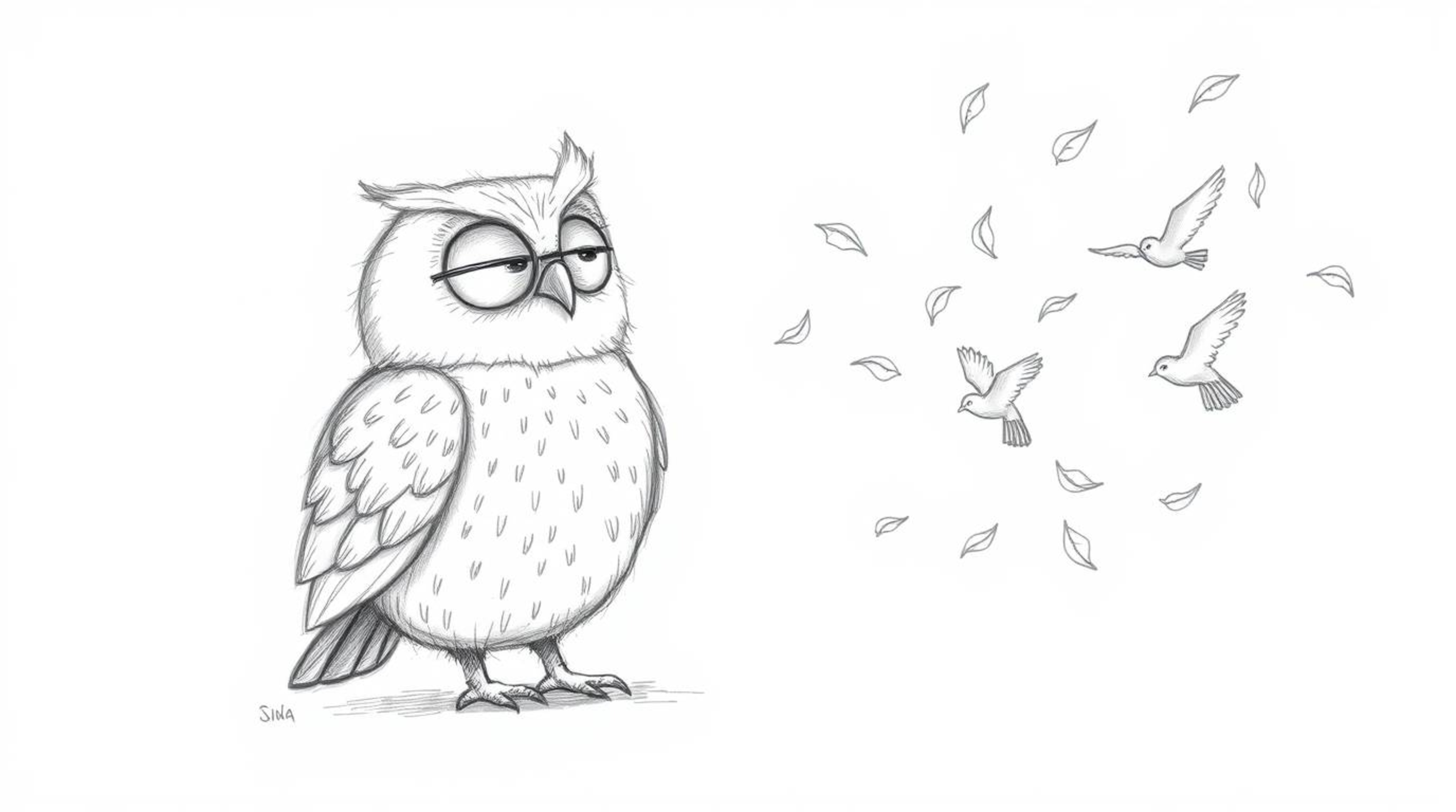 A heartwarming Pixar-inspired sketch depicts a blind owl with soft, rounded features guiding a flock of birds in their first 
