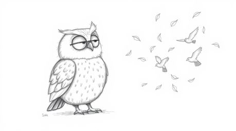 A heartwarming Pixar-inspired sketch depicts a blind owl with soft, rounded features guiding a flock of birds in their first 