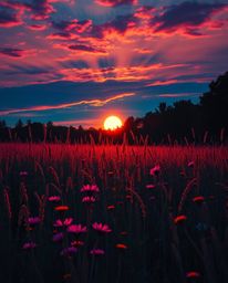 A vibrant, luxurious depiction of a sunset over a spring wildflower meadow, this artwork masterfully employs chiaroscuro ligh