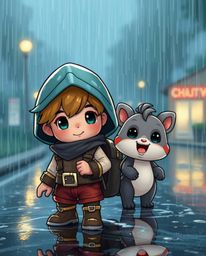 Embark on a charming journey with an adorable hero and their talking animal sidekick through a wet and rainy landscape. This