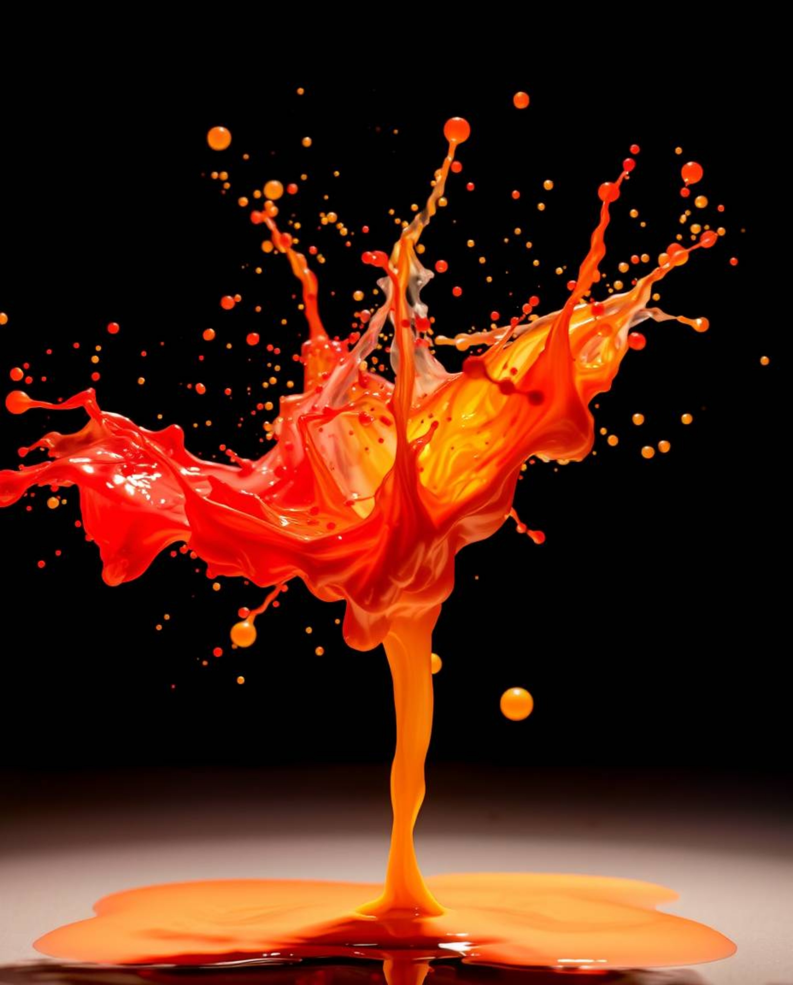 Experience a surreal moment captured with a high-speed camera: warm colors erupt in a vibrant paint splash frozen mid-air.  C
