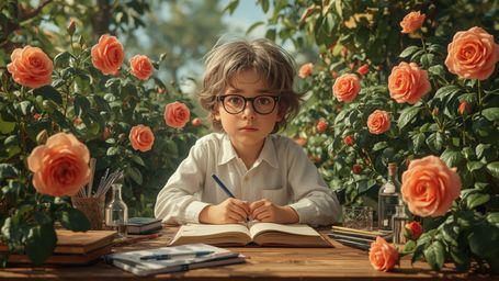 A highly detailed, high-resolution stock photo of a bright and curious homeschooled genius, depicted in a vibrant, Pixar-insp