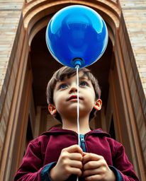 A captivating extreme macro close-up architectural color photograph showcases a child holding a balloon, meticulously emphasi