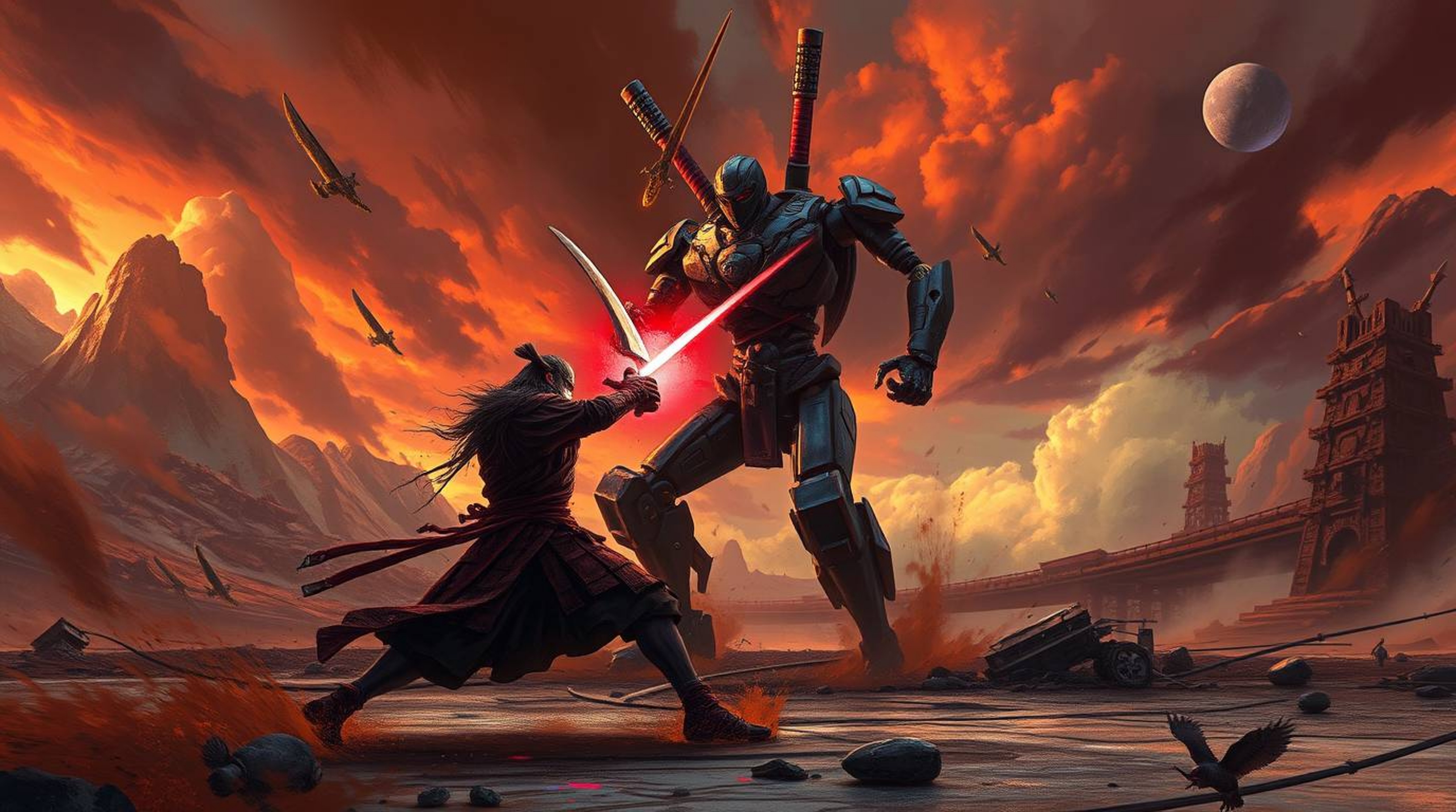 Witness an epic clash between a traditional samurai warrior and a futuristic robot in a breathtaking digital painting.  Set a